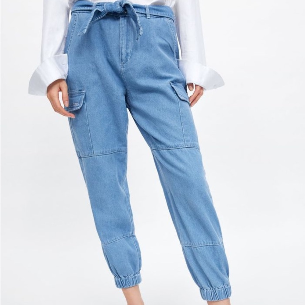 Zara High Rise Denim Cargo Joggers